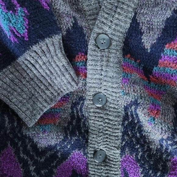 Vintage Jed Wear Abstract Knit Eclectic Grandpa V-neck Unisex Cardigan - Size L - Picture 8 of 9